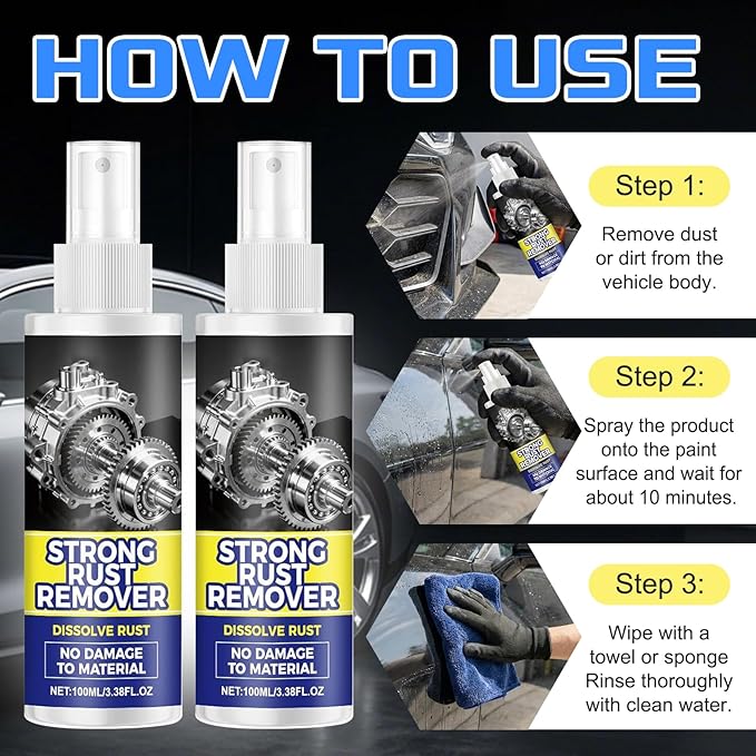 2PCS Rust Remover Spray for Metal, Upgrade Rust Remover for Metal, Multipurpose Rust Stain Remover Spray, Heavy Duty Metal Cleaner for Vehicles, Tools, Chains, Iron Out Rust Stain Remover