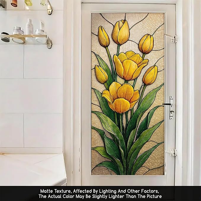 Yellow Tulip Privacy Film Stained Glass Style Static Cling No Glue Decorative Panel Light Filtering Cover for Door Kitchen Entryway 17.7x39.3 inch
