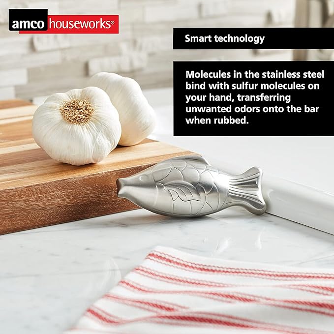 Amco Rub Away Bar, Stainless Steel Odor Absorber, Fish Shaped - Dishwasher Safe Kitchen & Outdoor Essential for Garlic, Onion, Fishing, Hiking Odors - Natural Odor Remover