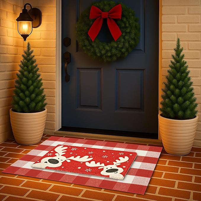 2-Piece Christmas Door Mat Combo Set - Reindeer Coir Doormat 17"x30" + Red White Buffalo Plaid Rug 28"x43", Layered Front Door Decor for Porch/Entryway, Natural Coir with PVC Backing