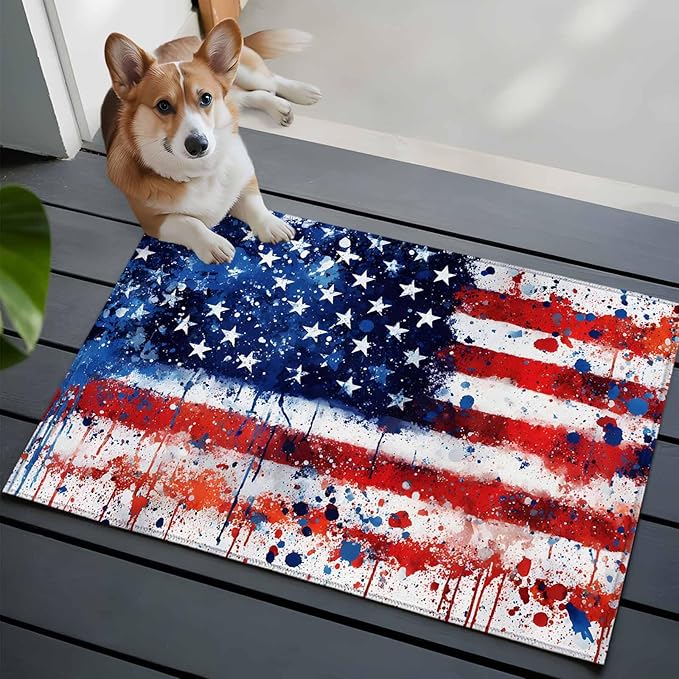 Mottled Red Blue White Stars Painted Flag Entryway Rug 2'x3', Small Area Rug Non-Slip Front Door Mat Washable Floor Carpet for Indoor Entrance Kitchen Bathroom
