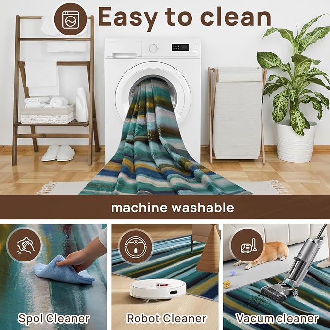 Abstract 4x6 Area Rug, Modern Stripe Teal Rugs for Entryway, Washable Soft Door Mat Non-Slip Floor Carpet for Dining Room Kitchen Bedroom - Teal/Multi