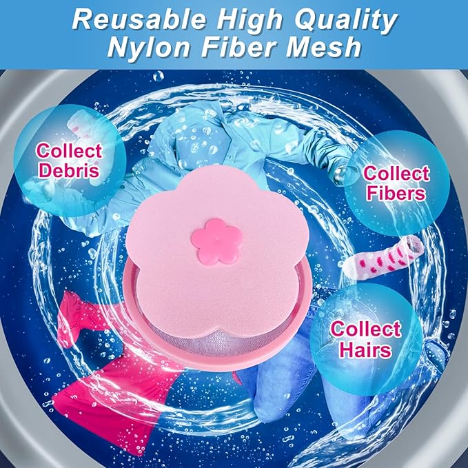 NEIJIANG Lint Catcher for Laundry,Pet Hair Remover for Laundry,Washing Machine Floating Lint Mesh Bag,Reusable Household Hair Filter Washer Lint Trap Net Pouch 4 Pieces (Blue，Pink)
