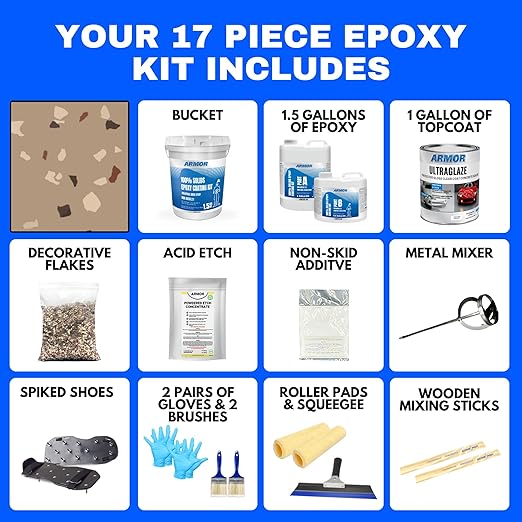 ArmorPoxy Garage Epoxy Floor Kit – 100% Solids - 2 Part Industrial-Grade Coating w/UltraGlaze Topcoat | DIY Slip & Hot Tire Resistant | 300 Sq Ft - Khaki Tan - 17 pc kit