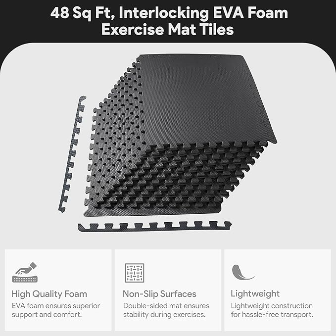 BalanceFrom Puzzle Exercise Mat 1/2' Thick, EVA Interlocking Foam Floor Tiles for Home Gym, Mat for Home Workout Equipment, Floor Padding for Kids, Black, 24 in x 24 in x 1/2 in, 48 Sq Ft - 12 Tiles