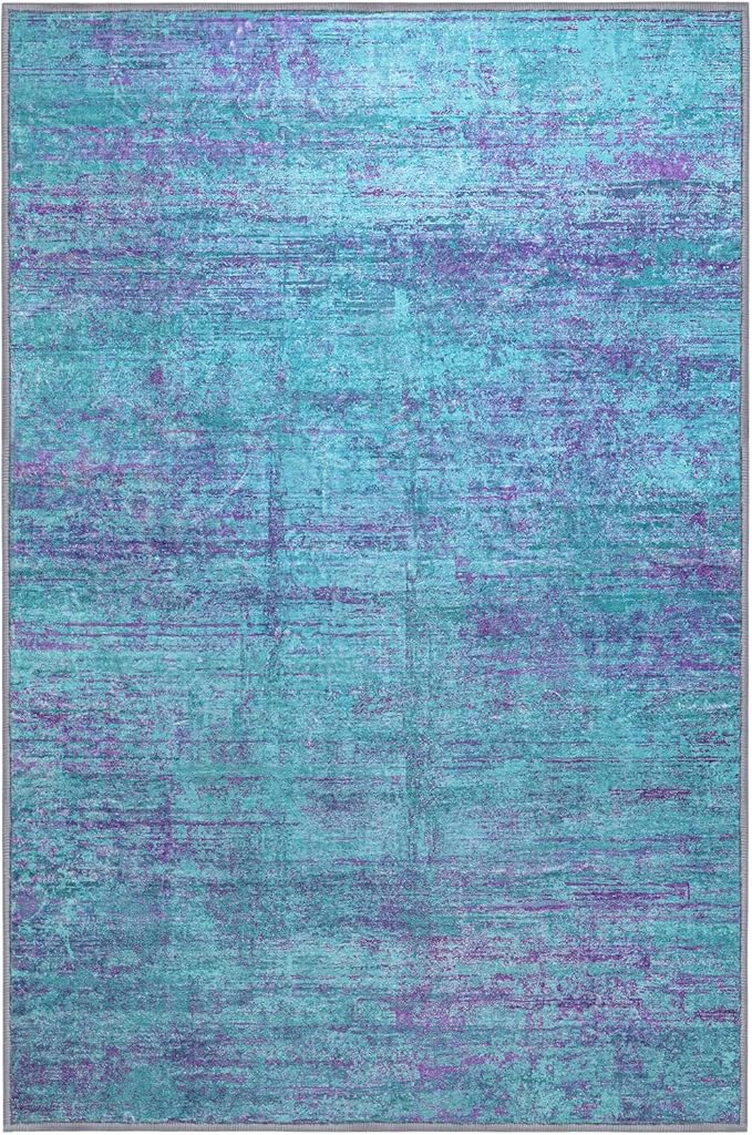 Abstract 3x5 Area Rug, Modern Indoor Entryway Rugs, Washable Soft Non-Slip Accent Carpet Door Mat for Dining Room Kitchen Bedroom - Teal+Purple