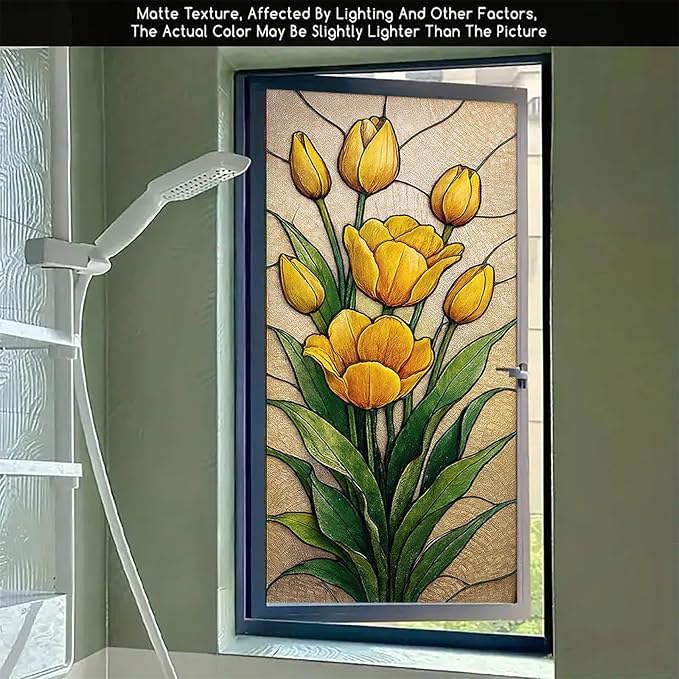 Yellow Tulip Privacy Film Stained Glass Style Static Cling No Glue Decorative Panel Light Filtering Cover for Door Kitchen Entryway 17.7x39.3 inch