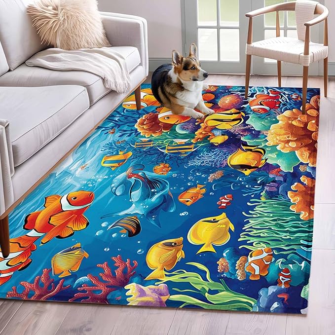 Ocean Marine 3'x5' Area Rugs, Life Fish Coral Seagrass Underwater Coastal Washable Area Rugs Non-Slip Indoor Floor Mats Carpet for Living Room Bedroom Dining Room