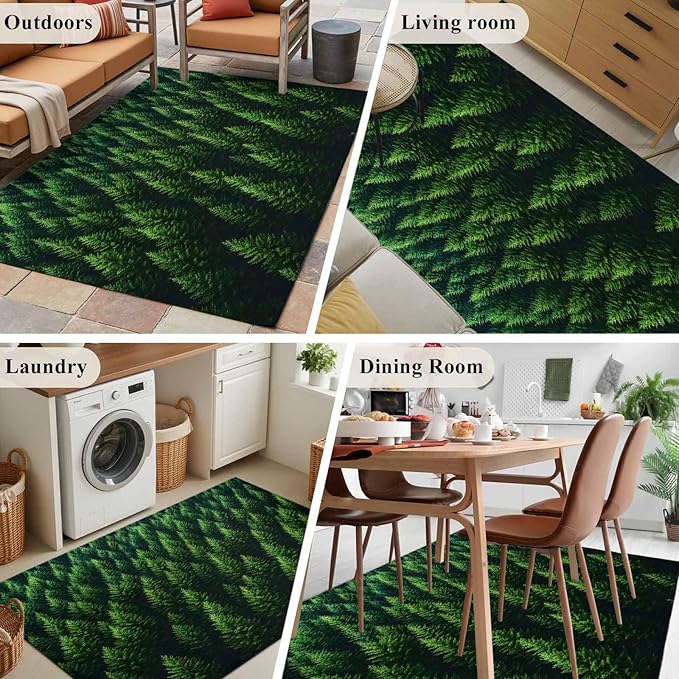 Green Forest 3'x5' Area Rugs, Pine Trees Forest Landscape Style Summer Washable Area Rugs Non-Slip Indoor Floor Mats Carpet for Living Room Bedroom Dining Room