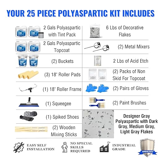 ArmorPoxy Polyaspartic Garage Floor Kit, 25Pc Fast Cure Epoxy Alternative, UV & Chemical Resistant, Low VOC, 2 Layer 1-Day Concrete Coating for DIY Garage, Driveway, Patio | 500 Sq Ft | Designer Gray
