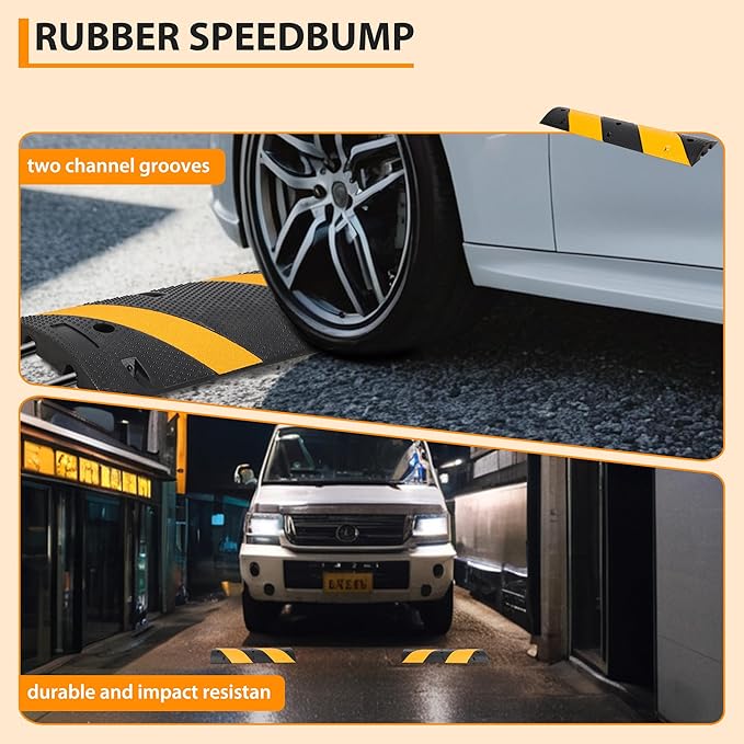 2 Pack 6 Ft Rubber Speed Bump,Heavy Duty Speed Bumps for Driveway,Dual-Channel Cable Protector,25,000 Lbs Capacity, Anti-Slip Surface Texture,Ready-to-Install Kit for Garage, Roads, Driveway