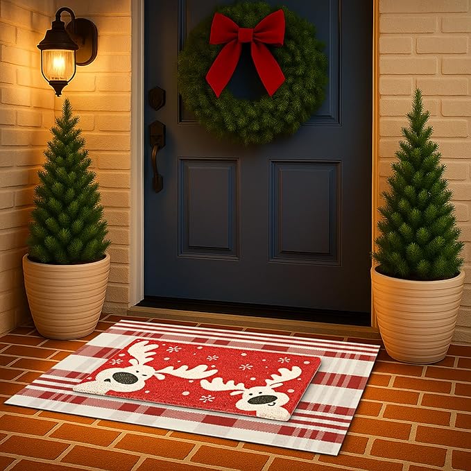 2-Piece Christmas Door Mat Combo Set - Reindeer Coir Doormat 17"x30" + Red & White Plaid Rug 28"x43", Layered Front Door Decor for Porch/Entryway, Natural Coir with PVC Backing
