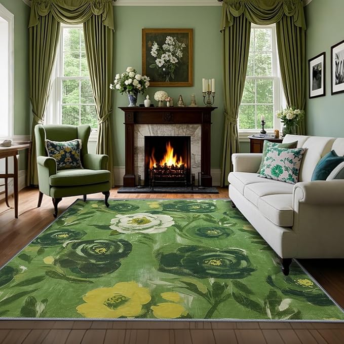 8x10 Camellia Floral Rugs, Modern Washable Flower Pattern Area Rug for Bedroom, Soft Large Non-Slip Kitchen Carpet Floor Door Mat for Living Room Dining Room Office - Green