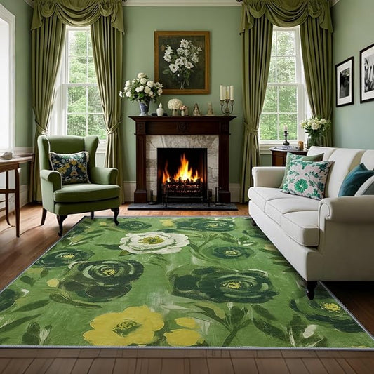 8x10 Camellia Floral Rugs, Modern Washable Flower Pattern Area Rug for Bedroom, Soft Large Non-Slip Kitchen Carpet Floor Door Mat for Living Room Dining Room Office - Green