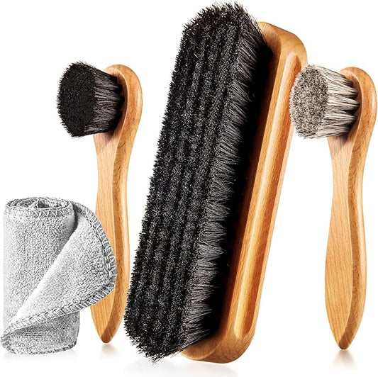 4 Pcs Horsehair Shoe Brush Kit Polishing Daubers Applicators Leather Care Brushes Shine Cleaning Cloth with Case(Shoe Brush Set F)