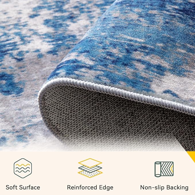 RELEANY Washable Area Rugs 3x4 Non-Slip Modern Abstract Soft for Living Room Entryway Bedroom Nursery, Print Pattern, Blue Grey Navy Gray