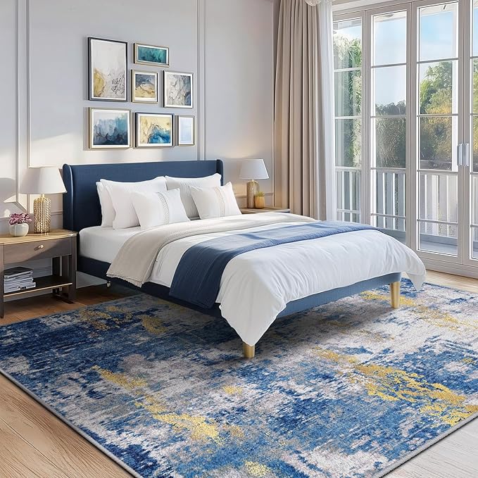 RELEANY Washable Area Rugs7'x9' Non-Slip Modern Abstract Soft for Living Room Entryway Bedroom Nursery, Print Pattern, Grey Blue Gold/Golden