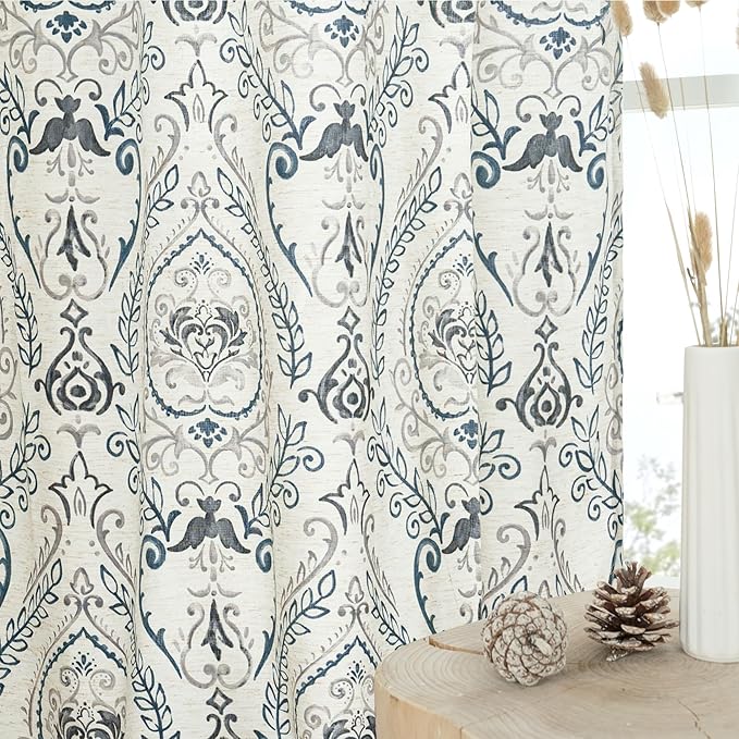 LAMIT Linen Curtains for Living Room 84 inch Length 2 Panels Set, Light Filtering Privacy Grommet Vintage Boho Damask Printed Window Drapes for Bedroom, Greyish Blue, Each 52 x 84 Inch