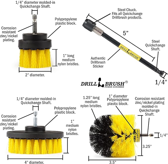 Medium Stiffness Power Scrubber Brush Set with Extension - Bathroom Scrubber Brushes - Scrub Brushes for Shower - Drill Scrub Brush Attachment - Tub Cleaner - Shower Door - Bathroom Mirror