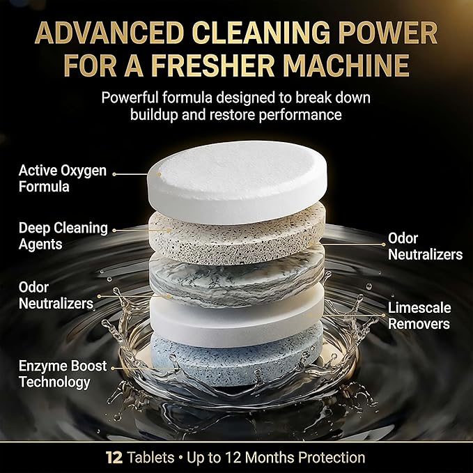 Washing Machine Cleaner Tablets | Eliminates Odors | Deep Cleans Washer Internals | Heavy Duty Descaler | Unscented | Compatible with HE Front Load & Top Load Washers | 12 XL Tablets (1 Year Supply)