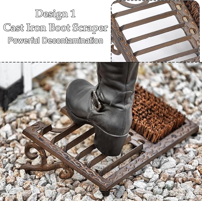 Cast Iron Boot Brush Scraper Outdoor, Heavy Duty Boot Scrubber Brush with Angled Design, Outdoor Shoe Scrapers with Brushes, All Weather Boot Scraper for Home Porch Entryway Garden (Brown)