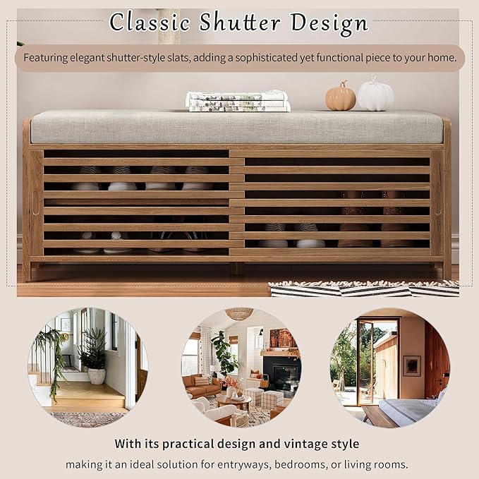 Knocbel Entryway Storage Bench with Sliding Doors and 1 Shelf, Living Room Entrance Hallway Foyer Shoe Bench Bedroom End of Bed Bench, 220lbs Weight Capacity (White Washed 2-Door)