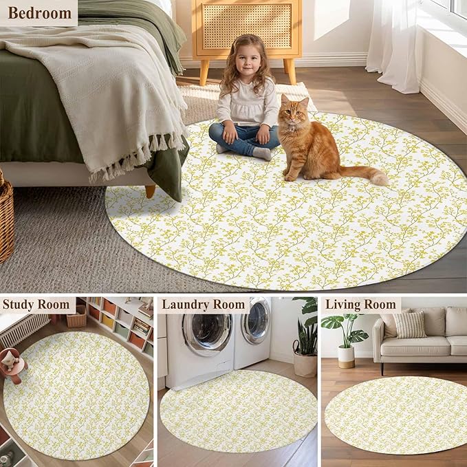 Flowers Round Rug 3.3 Ft, Branches Samll Area Rugs Washable Non Slip Indoor Floor Mats Circle Carpet for Living Room Bedroom Dining Room Home