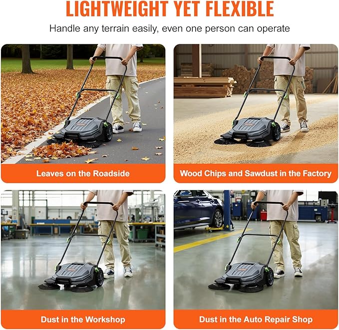 VEVOR Walk-Behind Hand Push Floor Sweeper, 25.6" Sweeping Width Floor Sweeper Manual Non-Electric, 5-Gallon Waste Container, Angle & Height Adjustable Folding Handle for Walkway, Yard, Garage, Patio
