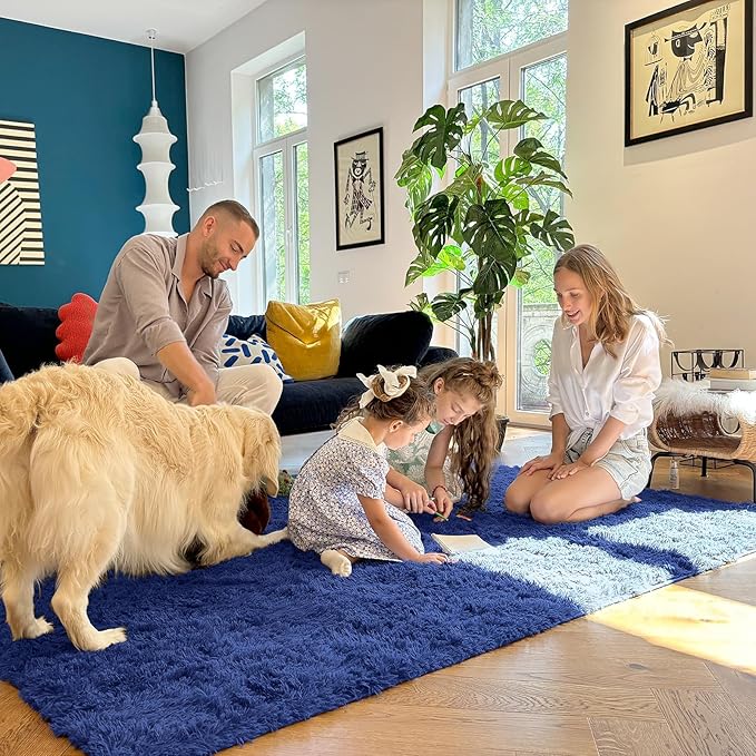 OLANLY 6x6 Area Rugs for Living Room Bedroom, Machine Washable Soft Fluffy Shaggy Bedside Rug, Indoor Floor Carpet for Kids Girls and Boys, Dorms, Nursery Rooms, Home Decor Aesthetic, Navy Blue