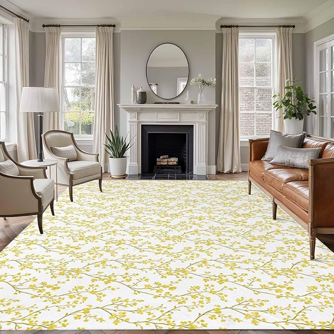 Flowers 8'x10' Large Area Rugs, Branches Washable Area Rugs Non-Slip Indoor Floor Mats Large Carpet for Living Room Bedroom Dining Room