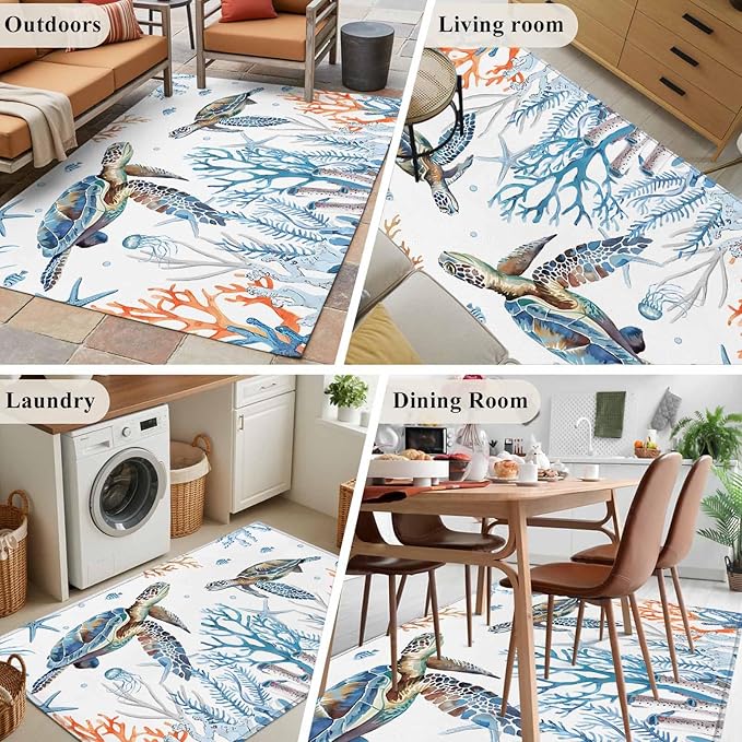 Sea Turtle 4'x6' Area Rugs, Seagrass Coral Starfish Washable Area Rugs Non-Slip Indoor Floor Mats Carpet for Living Room Bedroom Dining Room