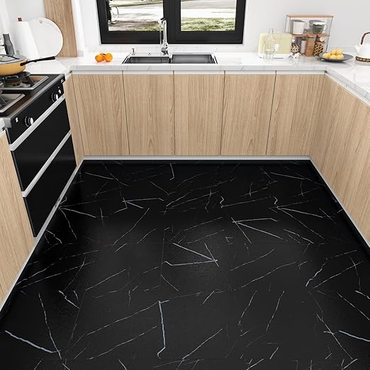 Wallercity Marble Black Peel and Stick Floor Tile 16PCS Self Adhesive Waterproof Stick on Floor Tiles Vinyl Flooring Stickers for Kitchen Bathroom Living Room 12''x12'' Matte Marble Black Tiles Sheets