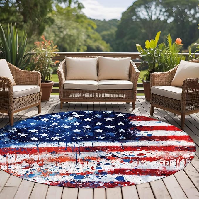 Mottled Red Blue White Stars Painted Flag Round Rug 5 Ft, Circle Area Rugs Washable Non Slip Indoor Floor Mats Carpet for Living Room Bedroom Dining Room Home Decor