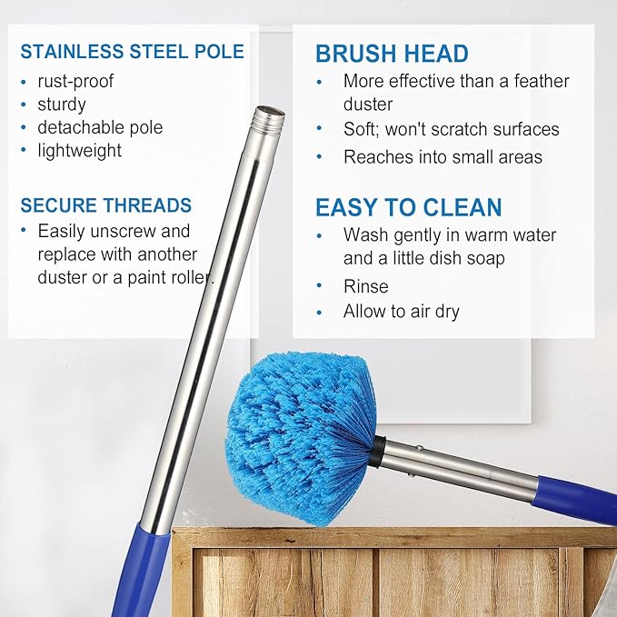 Cobweb Duster with Extension Pole, 4 FT Stainless Steel Pole with Spider Web Brush Head Ceiling Fan Duster for Outdoor Indoor Cleaning, Reach UP to 10-12 FT