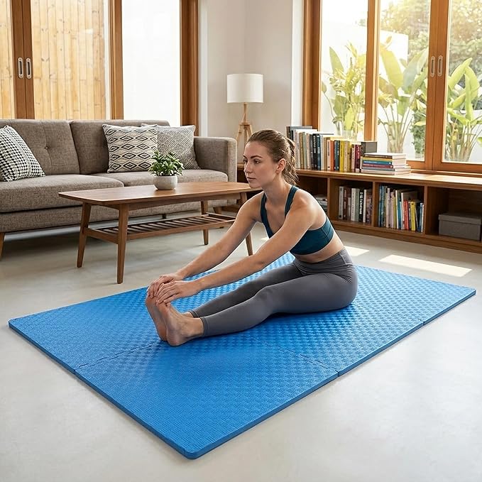 BalanceFrom Puzzle Exercise Mat 1' Thick, EVA Interlocking Foam Floor Tiles for Home Gym, Mat for Home Workout Equipment, Floor Padding for Kids, Blue, 24 in x 24 in x 1 in, 24 Sq Ft - 6 Tiles
