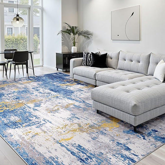 RELEANY Washable Area Rugs 10'x14' Non-Slip Modern Abstract Soft for Living Room Entryway Bedroom Nursery, Print Pattern, Grey Blue Gold/Golden