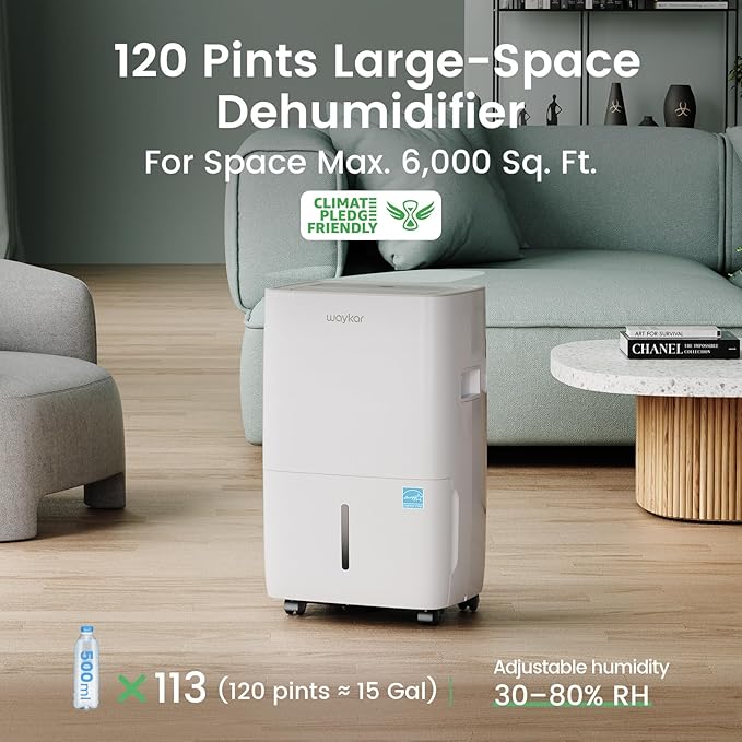 Waykar 120 Pints Energy Star Dehumidifier for Spaces up to 6,000 Sq. Ft at Home, in Basements and Large Rooms with Drain Hose and 1.14 Gallons Water Tank