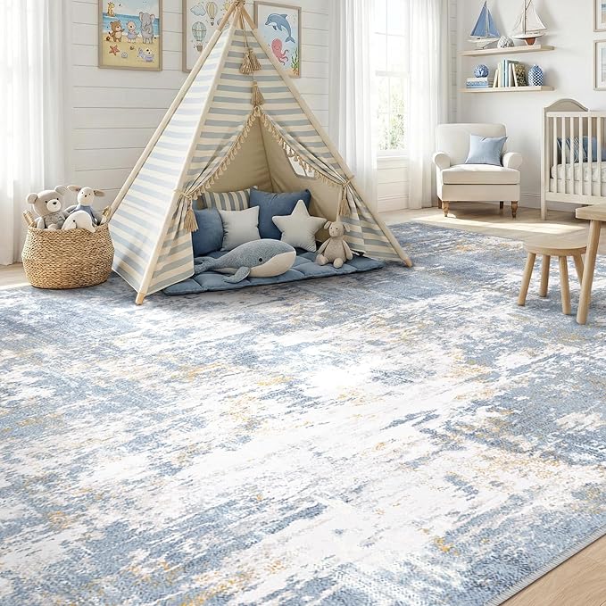 RELEANY Washable Area Rugs 8'x10' Non-Slip Modern Abstract Soft for Living Room Entryway Bedroom Nursery, Print Pattern, Light Blue