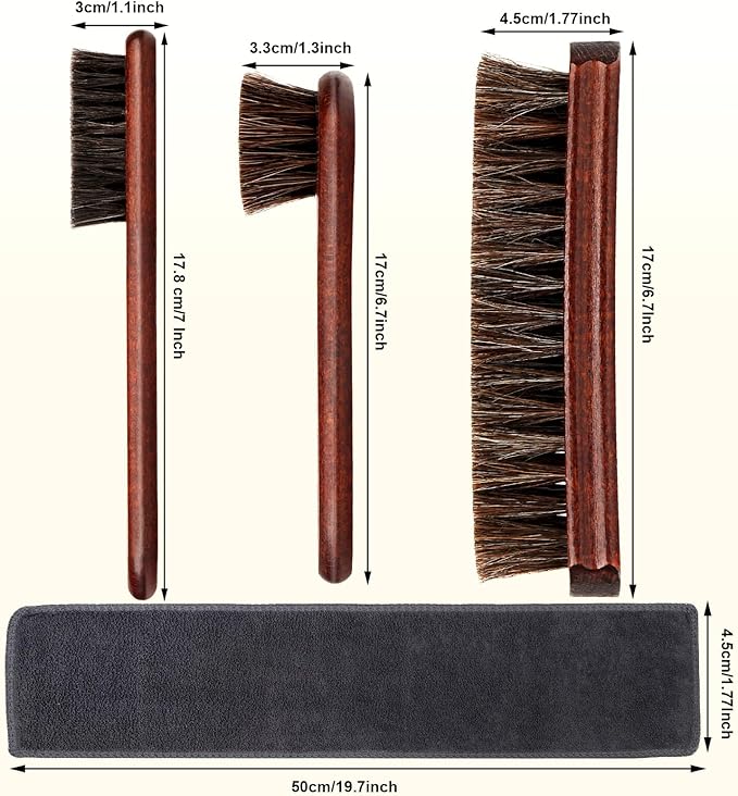 4-Piece 100% Horse Hair Shoe Brush Kit for Leather Care – Professional Dauber Applicators and Polishing Brushes with Cleaning Cloth for Leather Shoes, Boots, Bags, Jackets & Car Detailing