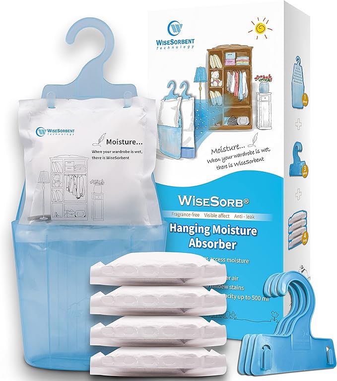 Wisesorb Moisture Absorber Packets with Plastic Case & Hook, Odor Eliminator, Leak Proof, Fragrance Free, Humidity Packs, Hanging Closet Dehumidifier Bags, Moisture Absorber (4 Packs)