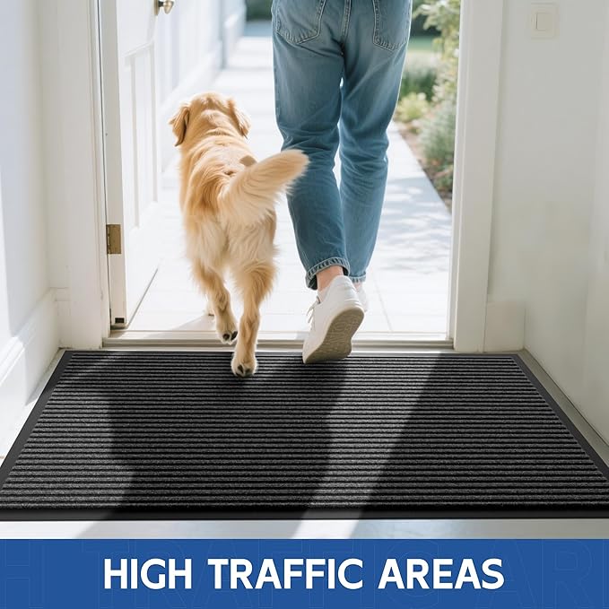 Front Door Mat, 3' x 10' Heavy Duty Indoor Outdoor Doomat, Commercial Industry Rugs with Rubber Backing, Non-Slip Low Profile Welcome Entry Mat for Patio, Home, Grey