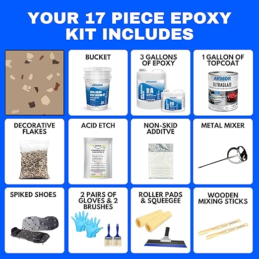 ArmorPoxy Garage Epoxy Floor Kit – 100% Solids - 2 Part Industrial-Grade Coating w/UltraGlaze Topcoat | DIY Slip & Hot Tire Resistant | 600 Sq Ft - Khaki Tan - 17 pc kit