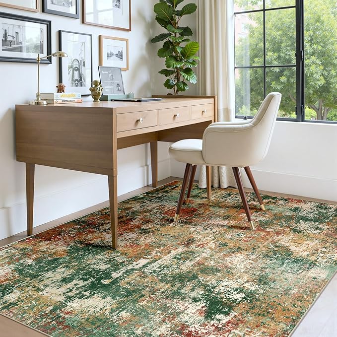 RELEANY Washable Area Rugs 7'x9' Non-Slip Modern Abstract Soft for Living Room Entryway Bedroom Nursery, Print Pattern, Green Orange Rust Red Cream Colorful