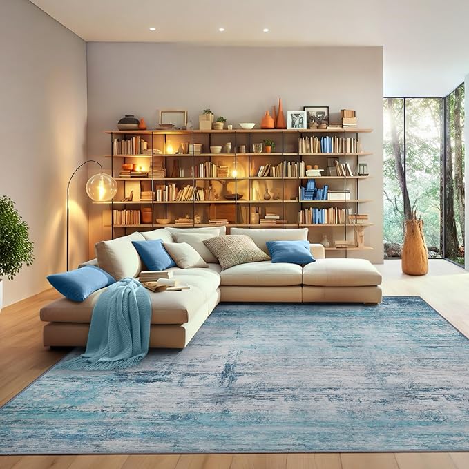 Abstract 10x14 Area Rug Washable Soft Ultra Large Non-Slip Carpet for Living Room Dining Room Home Office Bedroom - Abstract Teal/Grey