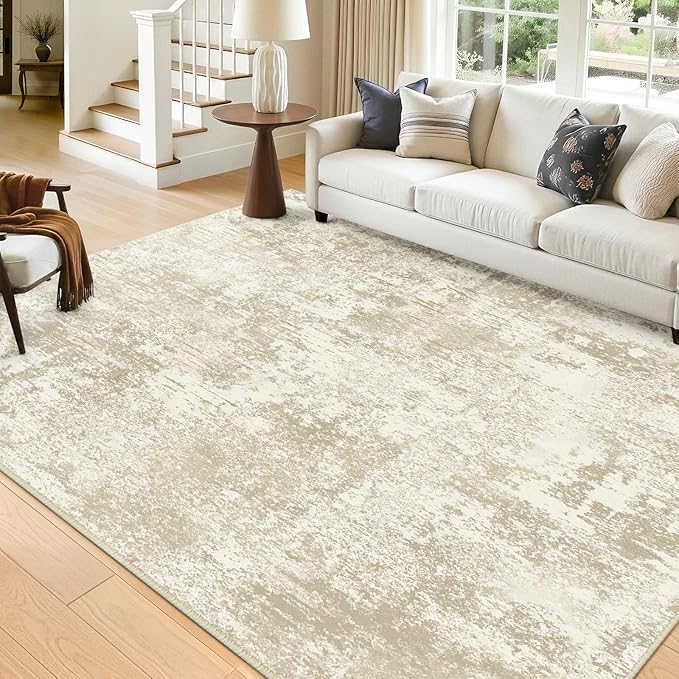 RELEANY Washable Area Rugs 8'x10' Non-Slip Modern Abstract Soft for Living Room Entryway Bedroom Nursery, Print Pattern, Beige Cream Brown