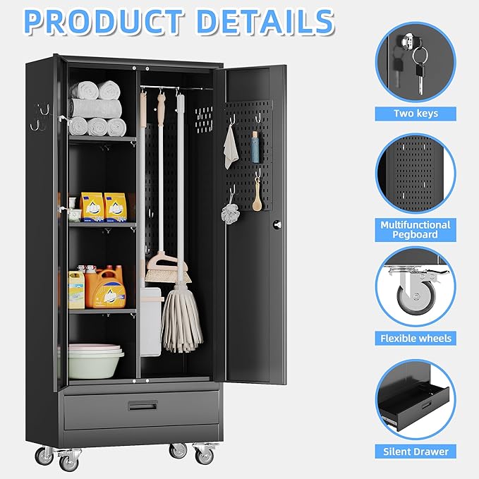 Reemoon Broom Closet Storage Cabinet with Wheels and Drawer,Garage Storage Cabinet with Magnetic Doors,Pegboard and Adjustable Shelves for Garage Home,Required Assembly,Black