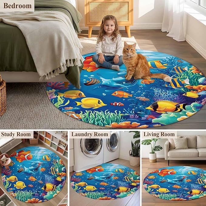 Ocean Marine Round Rug 6 Ft, Life Fish Coral Seagrass Underwater Coastal Circle Area Rugs Washable Non Slip Indoor Floor Mats Carpet for Living Room Bedroom Dining Room Home Decor
