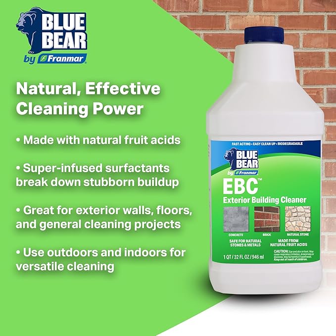 Blue Bear EBC Exterior Building Cleaner - Natural Fruit Acid Concentrate for Brick, Stone, Concrete & Metal-Removes Efflorescence, Lime Residue, Moss, Algae & Dirt - Low VOC, Biodegradable (1 Gallon)