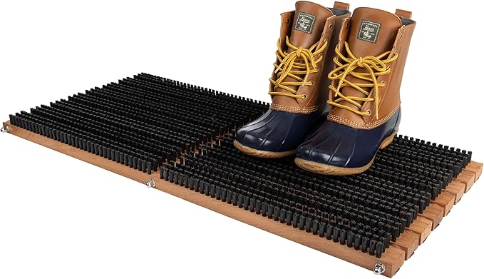 Kings County Tools Wooden Door Mat - 31.5” x 14” Boot Brush Scraper Outdoor Mat - Front Doormat Outside Entrance with Built-in PVC Shoe Cleaner Brush Bristles and Non-Slip Rubber Backing