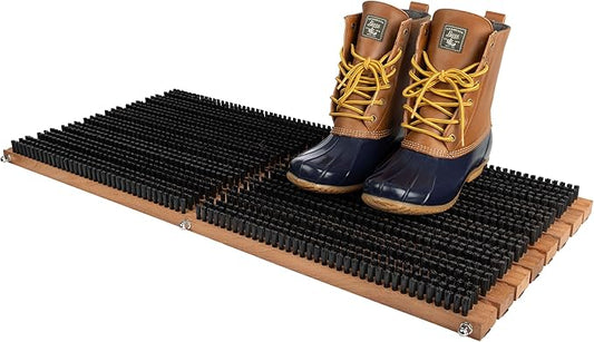 Kings County Tools Wooden Door Mat - 31.5” x 14” Boot Brush Scraper Outdoor Mat - Front Doormat Outside Entrance with Built-in PVC Shoe Cleaner Brush Bristles and Non-Slip Rubber Backing